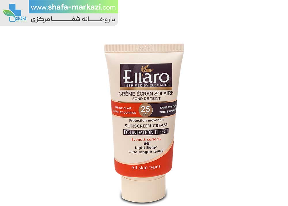 کرم ضد آفتاب پودری بژ روشن spf 25 مناسب انواع پوست الارو | Ellaro Sunscreen Cream SPF 25 For Normal And Dry Skins