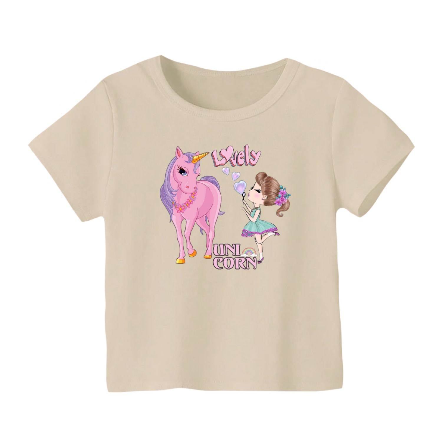 تی شرت آستین کوتاه بچگانه مدل یونیکورن کد 11 رنگ کرم