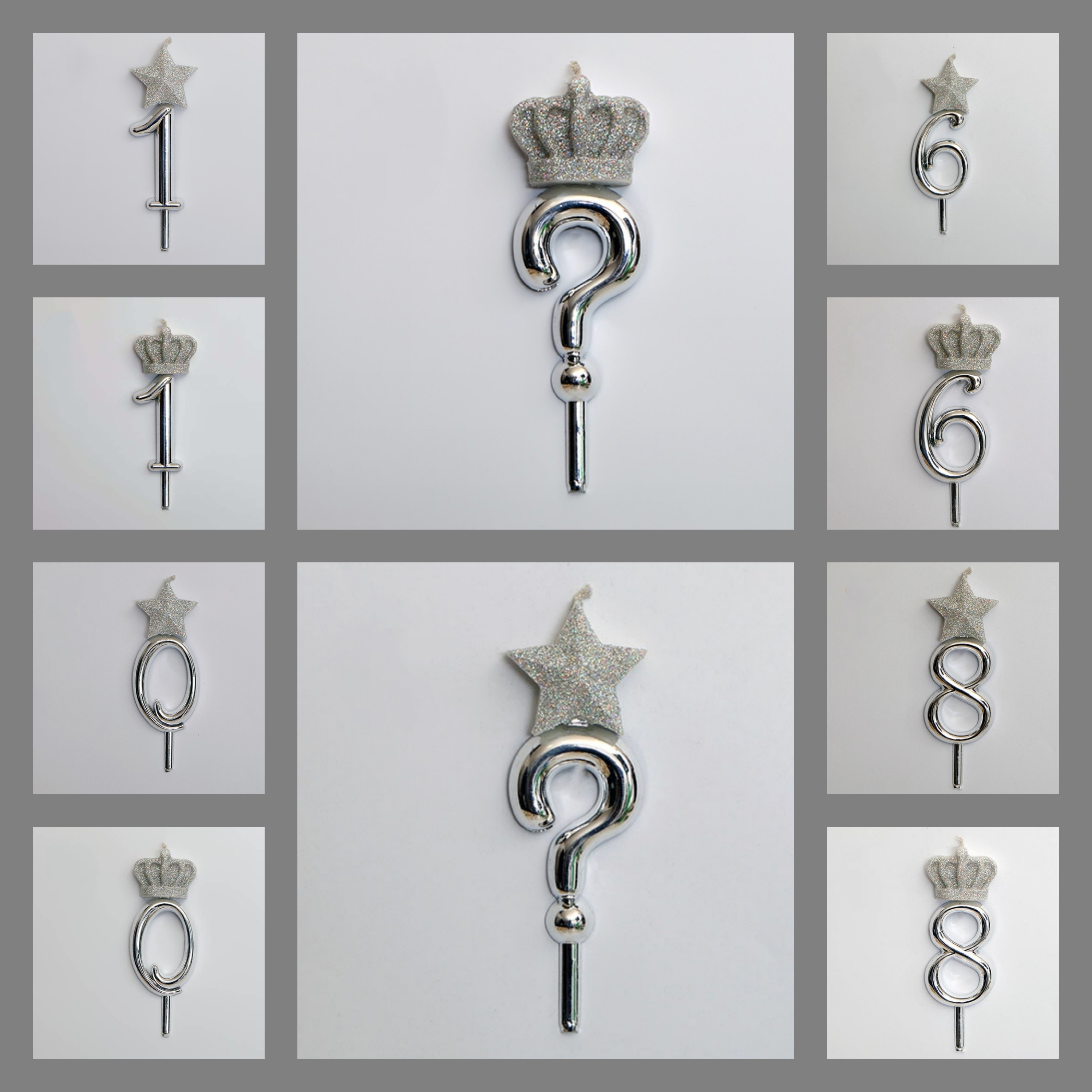 شمع تولد اکلیلایز اعداد لاتین عمده طرح تاج و ستاره رنگ نقره ای بسته 20 عددی 10 عدد تاج و 10 عدد ستاره