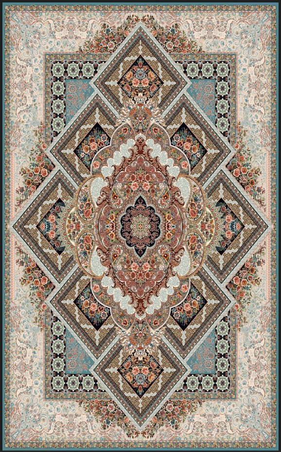 فرش‌ماشینی 700شانه درجه1 ابعاد متنوع طرح آرزو 8 رنگ زمینه آبی فیروزه ای| کیفیت ضد حساسیت. فرش قسطی