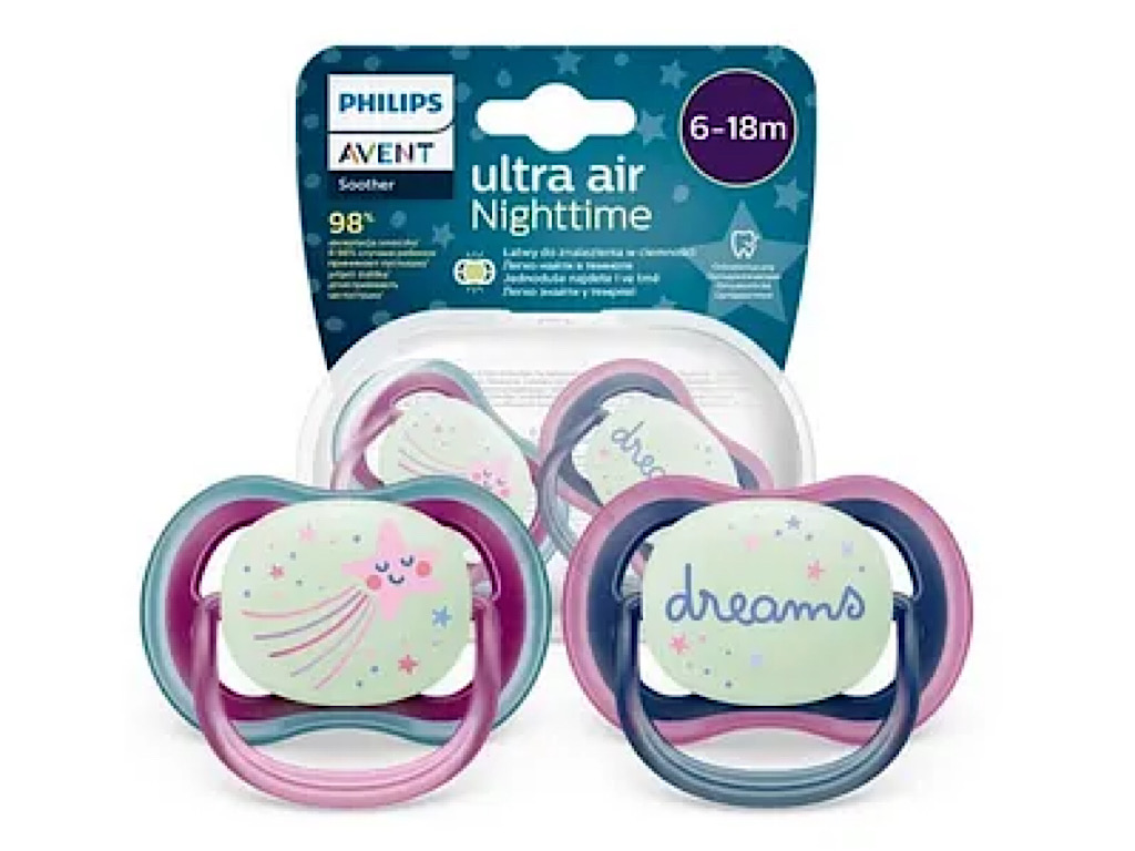 پستانک ارتودنسی  شب تاب دو عددی نوزادی 18-6 ماه مدل ultra air فیلیپس اونت philips avent