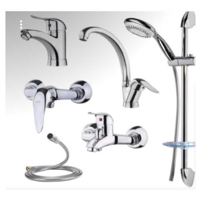 شیر آلات دارای نشان استاندارد و لوازم نصب سرویس 6 عددی به همراه علم دوش و شلنگ توالت (پس کرایه)