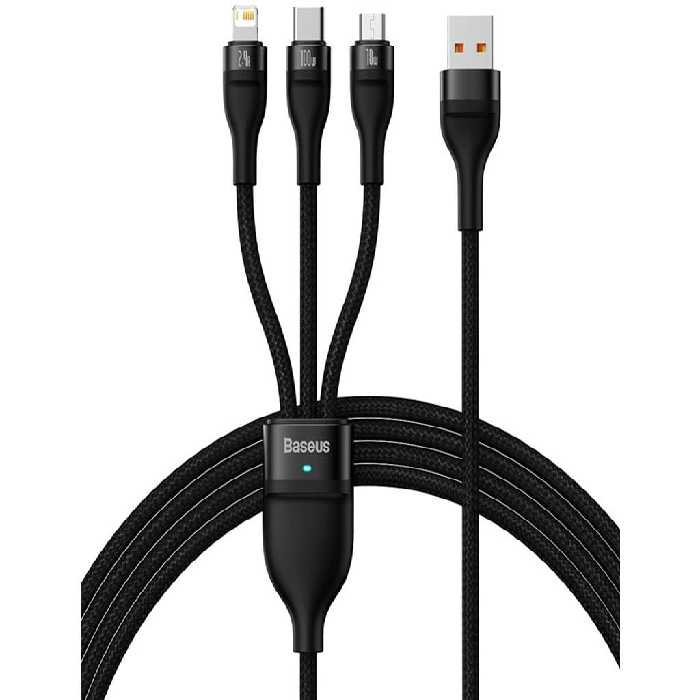 کابل سوپر فست شارژ سه سر یو اس بی به میکرو، تایپ‌ سی و لایتنینگ 1.2 متر بیسوس Baseus Flash Series Ⅱ Cable USB to M L C 100W CASS030001