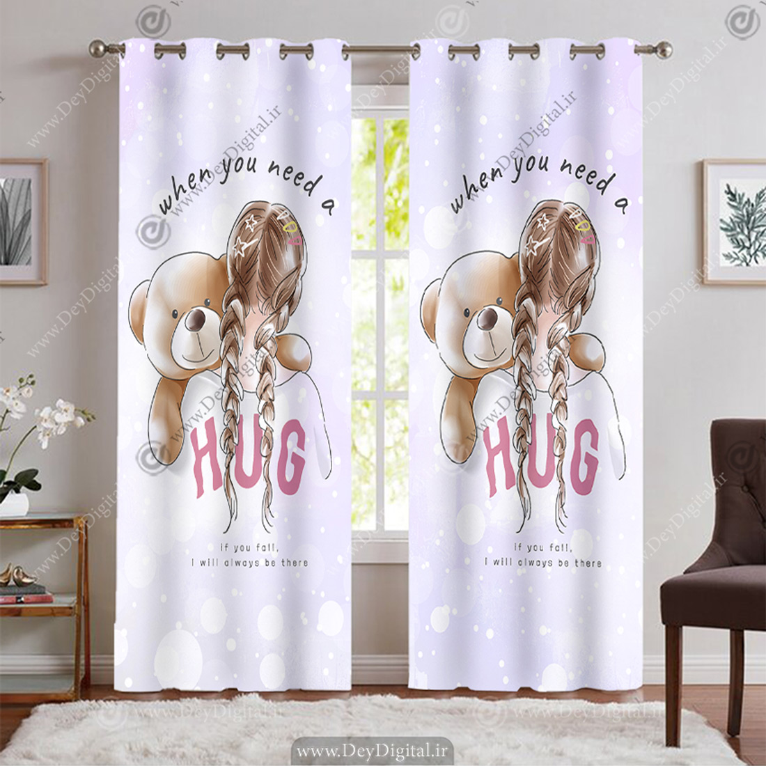 پرده پانچی طرح دخترک با موهای بافته و عروسک خرس تدی BA-9454