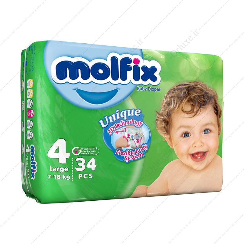 قیمت و خرید پوشک بچه مولفیکس سایز 4 -7 تا 18 کیلوگرم بسته 34 عدد - دکتر لوکس
