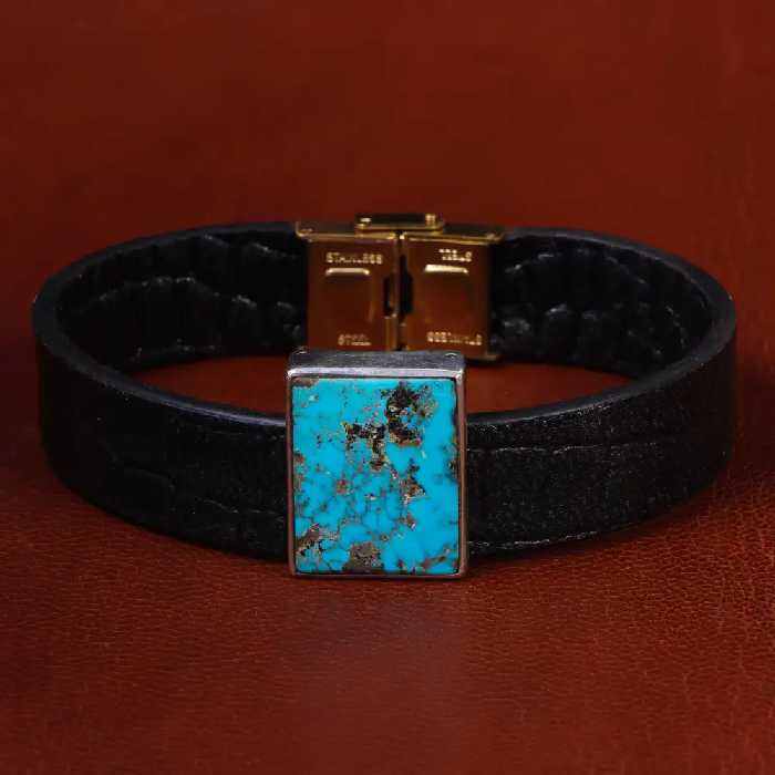 دستبند چرم فیروزه کد 22974 - جواهری مشاهیر