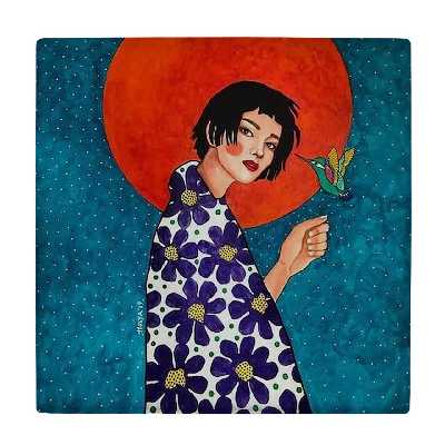  کاشی کارنیلا طرح نقاشی بانو و پرنده کد wkk398