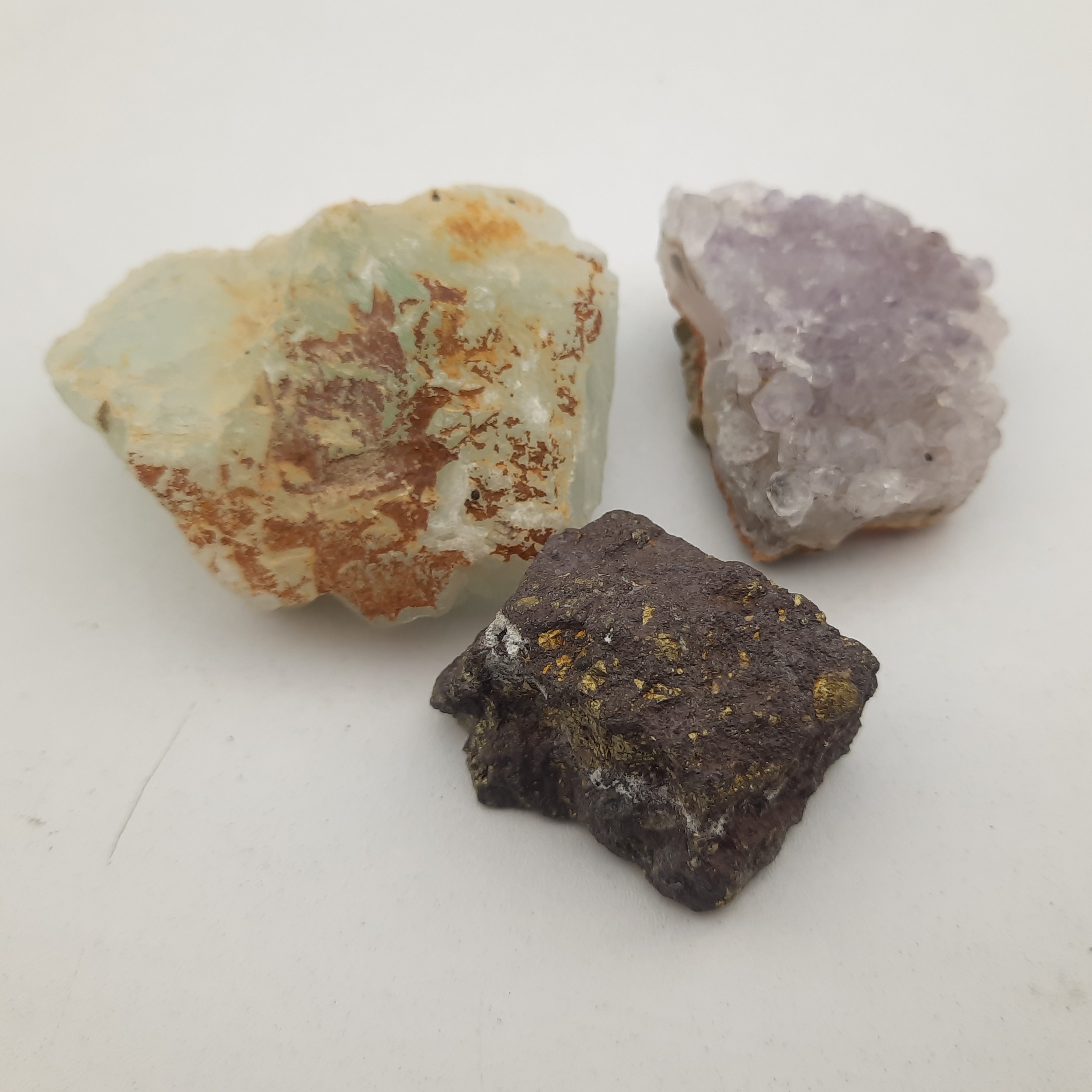 پکیج سه عددی سنگ راف کوچک آمیتیست فلورین کالکوپیریت کد کلکسیون22