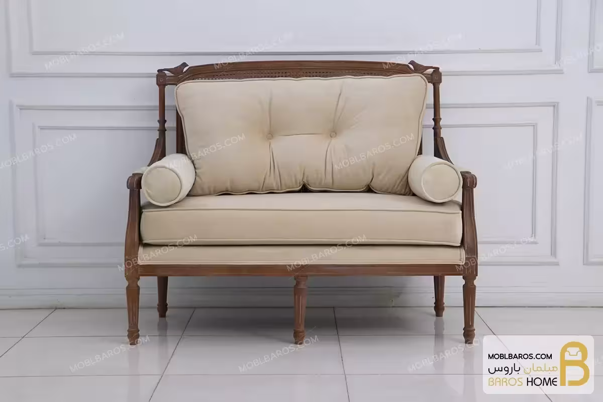 کاناپه و مبل نئوکلاسیک دو نفره پشت حصیر و گنجشکی کاجی