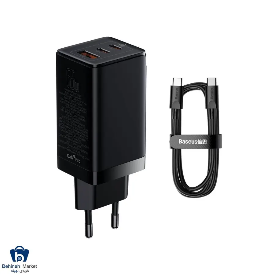 شارژر دیواری باسئوس مدل GaN3 Pro CCGP0501 توان 65 وات با کابل Type-C