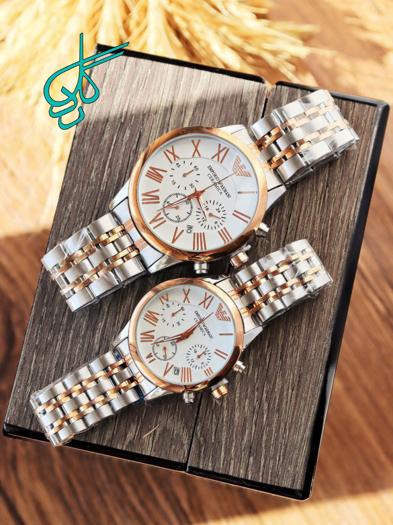 خرید ست ساعت مردانه و زنانه امپریو آرمانی طرح کرنو قفل پروانه ای رنگ ثابت ضد آب کد 2115246 - ردگل