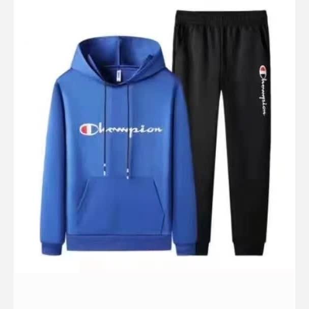 ست هودی کلاه دار و جیب دار  چامپیونز  با   شلوار  در رنگ  آبی ابی وارداتی 