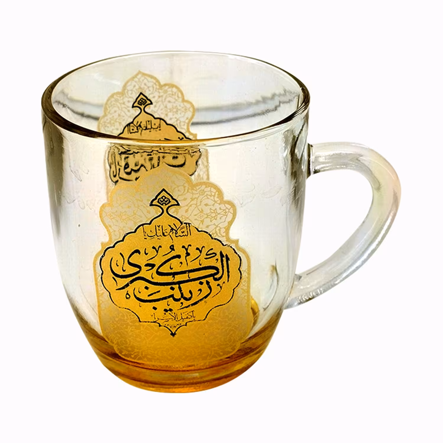102785-لیوان شیشه ای دسته دار شفاف طلایی یا رقیه یا زینب س