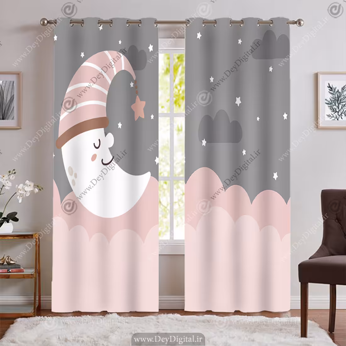 پرده شیک ماه و ستاره طوسی صورتی BA-9269