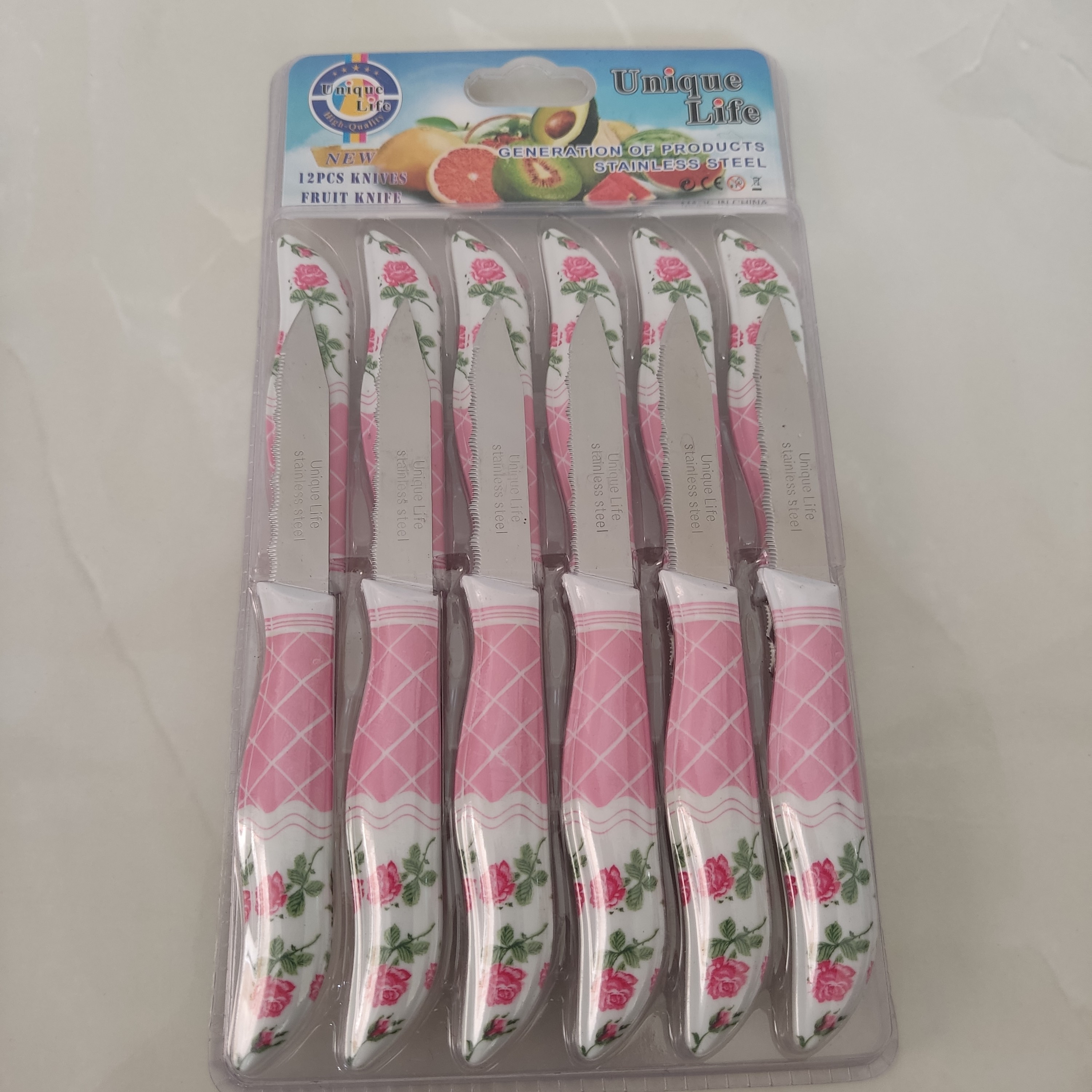 چاقو میوه خوری 12عددی اره ای مارک یونیک لایفUnique life رنگ صورتی (کارد میوه خوری ) تیغه ثابت طول16 سانت