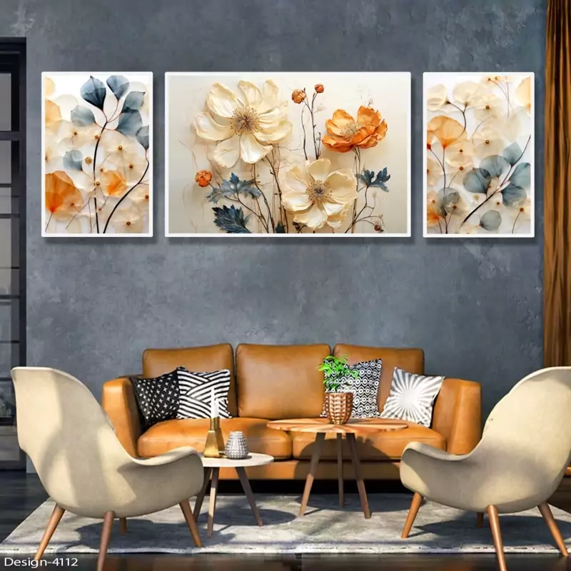 تابلو دکوراتیو  طلایی گل آبی نارنجی   سه تیکه نامنظم | دنیای قاب