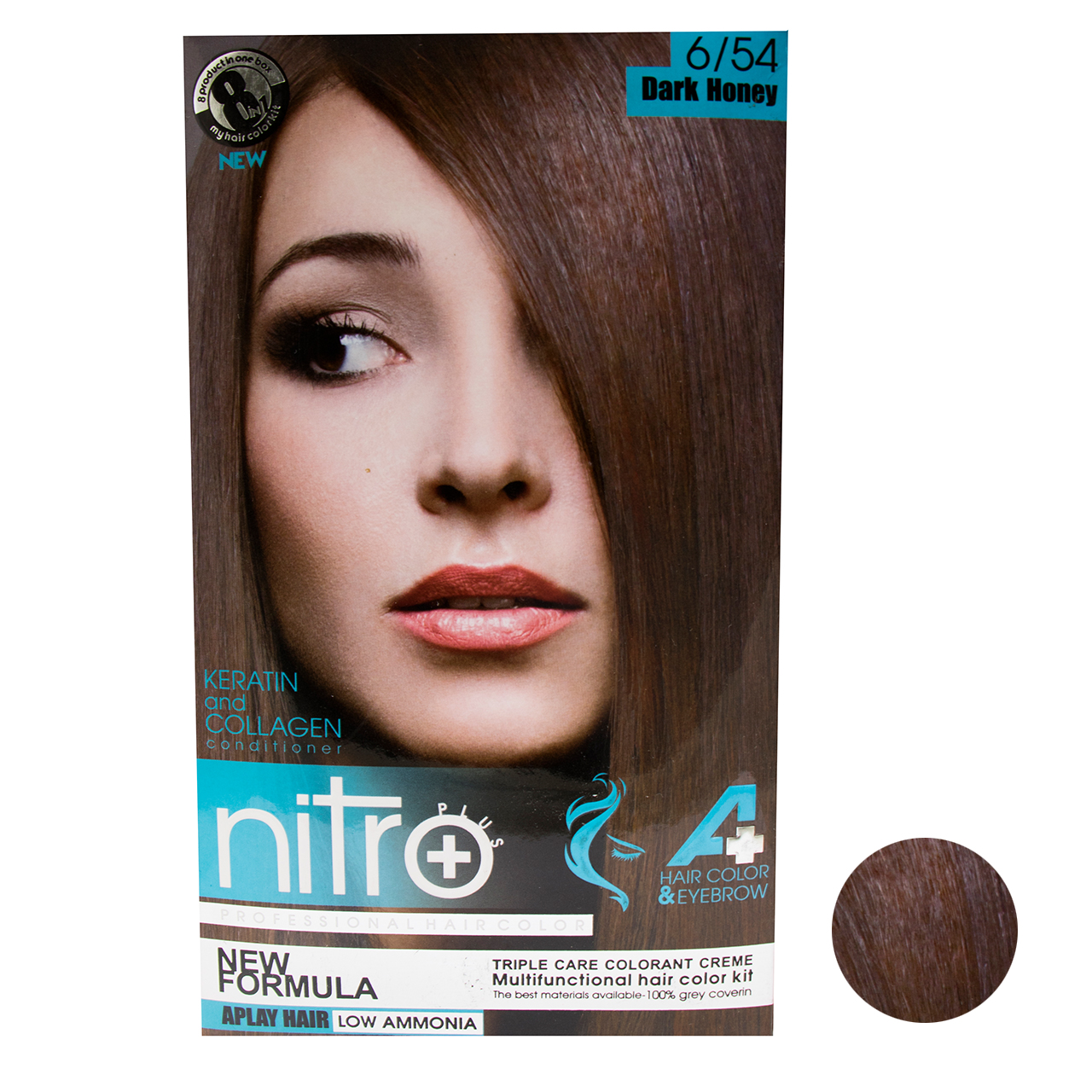  کیت رنگ مو و ابرو نیترو پلاس شماره 6.54 حجم 100 میلی لیتر رنگ عسلی تیره