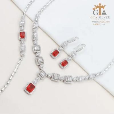 سرویس نقره تک نگین قرمز الماس تراش مستطیل شکل عیار 925 کد 11222