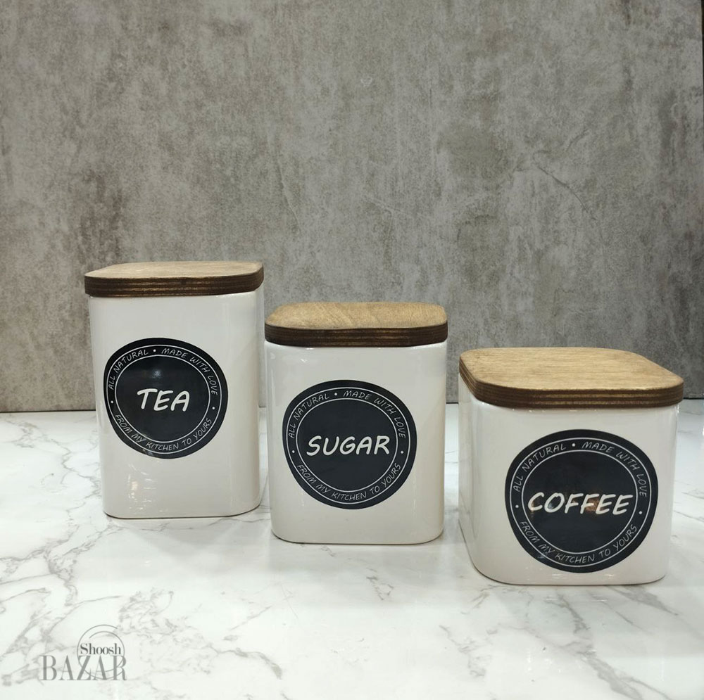 ست بانکه سه عددی سرامیک مربع عکس دار مشکی در چوبی