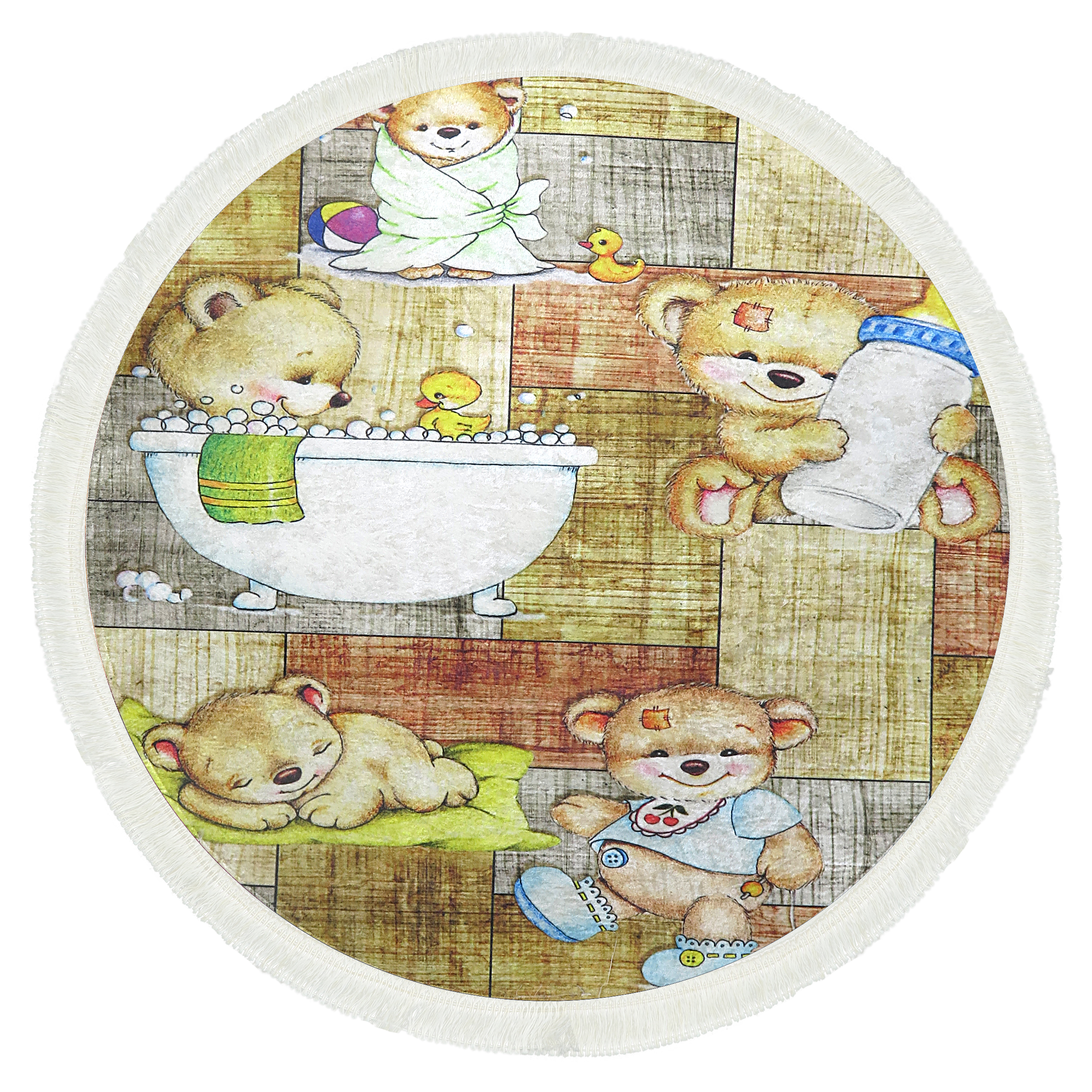 فرش ماشینی مدل اتاق کودک ترمزدار گرد طرح خرس 