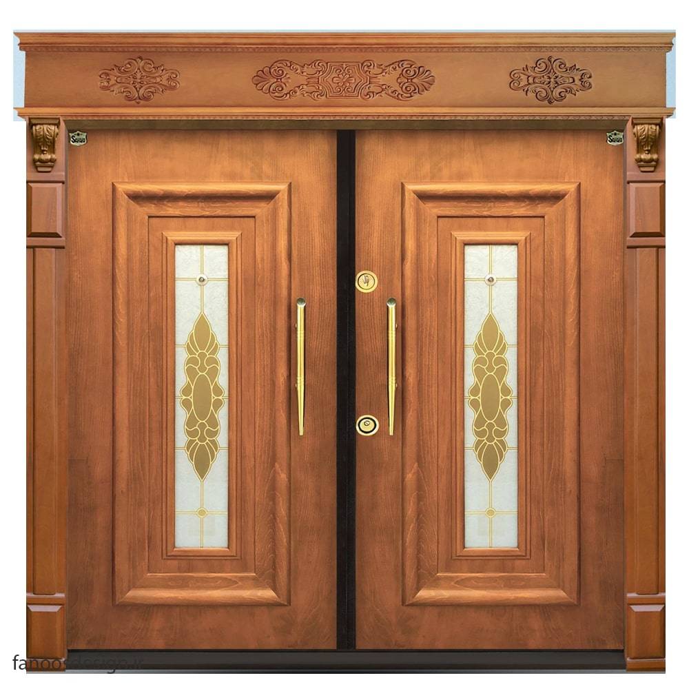 درب ضدسرقت ویلایی دو لنگه روکش راش – مدل ونی گلاس شیشه خور