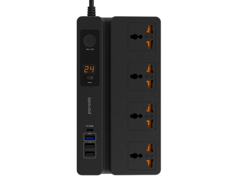 چند راهی و شارژر نمایشگردار پورودو Porodo PD-FWCH007 Multi-Function Socket With Phone Stand and Digital Timer 3M
