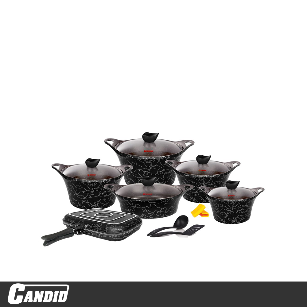 سرویس قابلمه 15 پارچه کاندید مدل کاپری مشکی لاین نقره ای