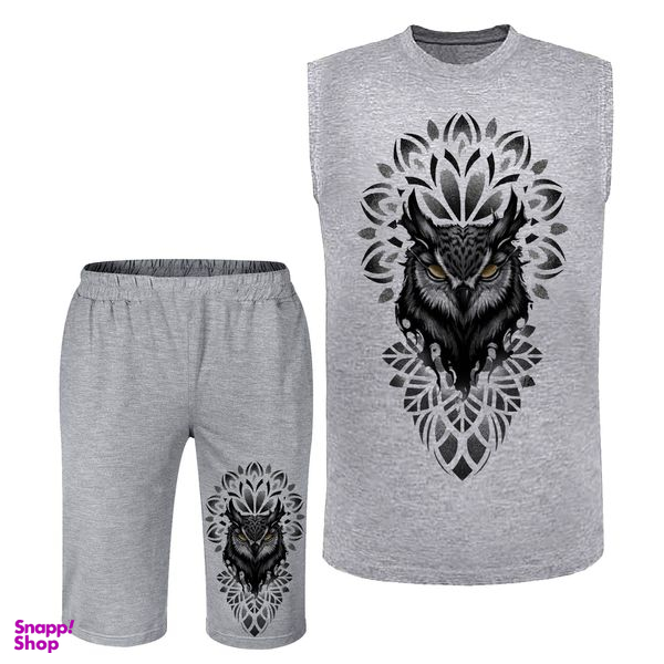 ست تاپ و شلوارک مردانه مدل جغد کد N228 رنگ طوسی