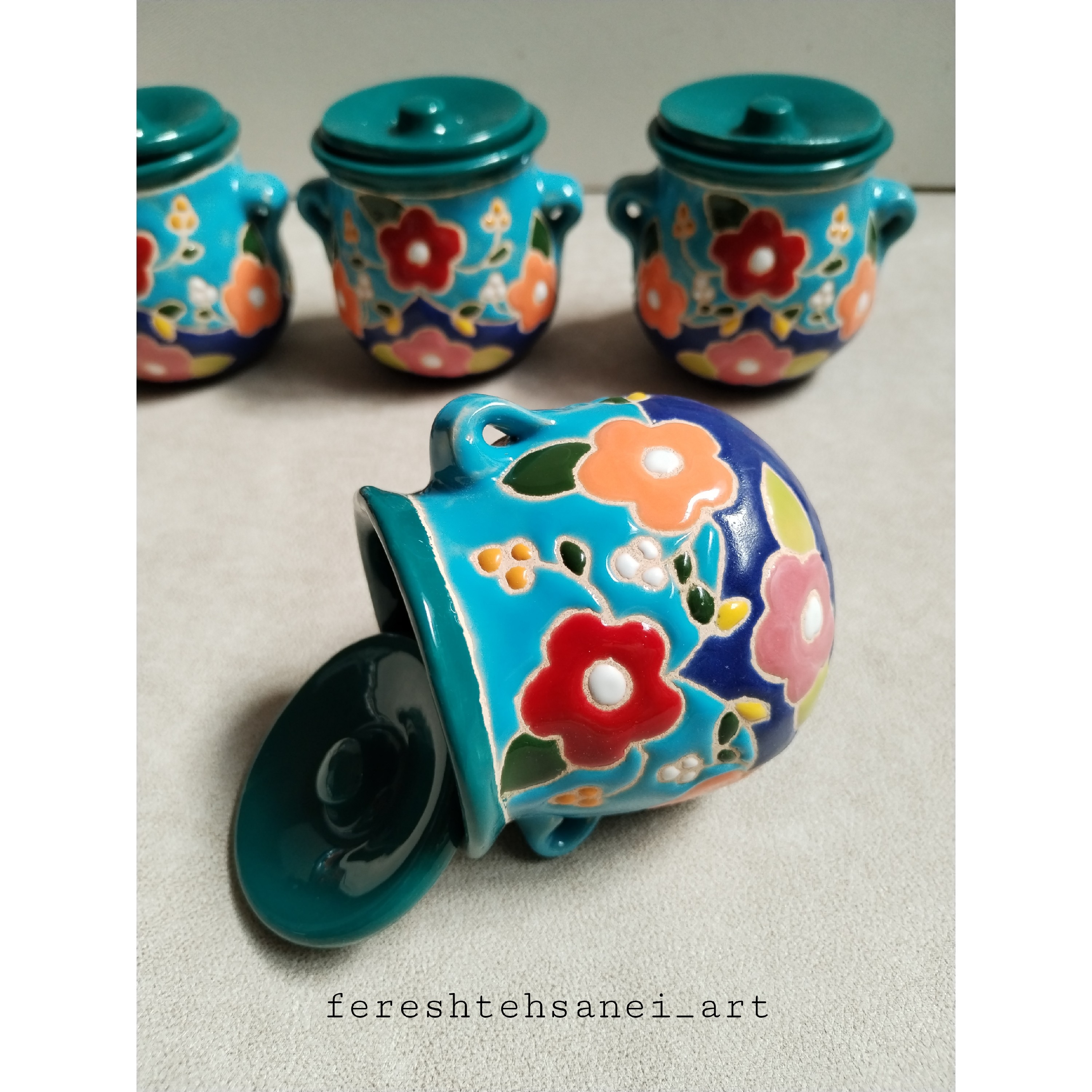 دیگچه سفالی  نقاشی هفت رنگ با لعاب کوره ای  مناسب (ادویه، قند، شکر، نبات) 