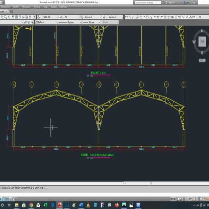 خرید و دانلود نقشه‌ها و محاسبات سوله خرپای قوسی با ستون بتنی – طراحی سوله معدن با دهانه 40 متری