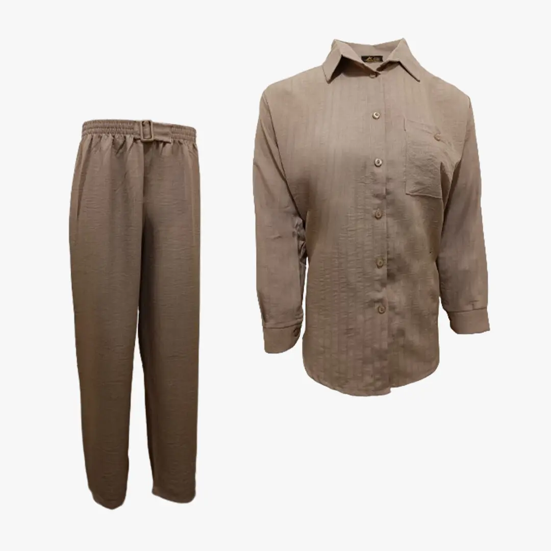 ست شومیز شلوار لنین کد 1557 - Beige Brown - ریوروبه