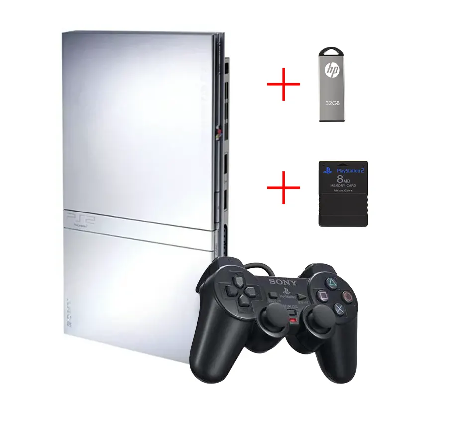 کنسول بازی فلش خور سونی مدل Playstation 2 Slim آداپتوری 70000 ظرفیت 32 گیگابایت نقره ای