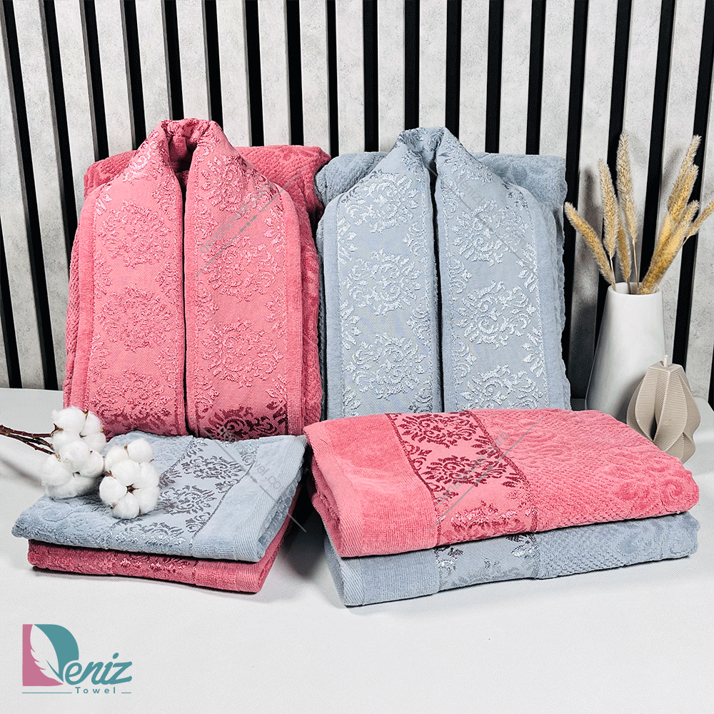 حوله ست دو نفره ژاکارد رنگ طوسی و عنابی