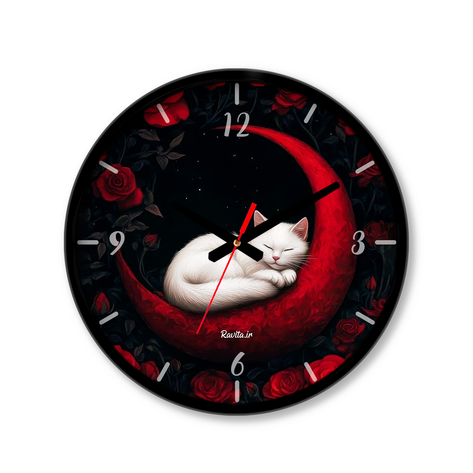 ساعت دیواری کوچک راویتا طرح گربه و رز کد 3661