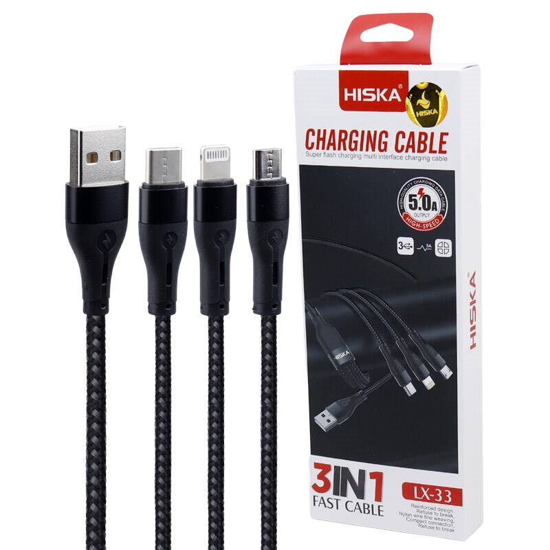 کابل 3 سر فست شارژ Hiska LX-33 5A 1.2m