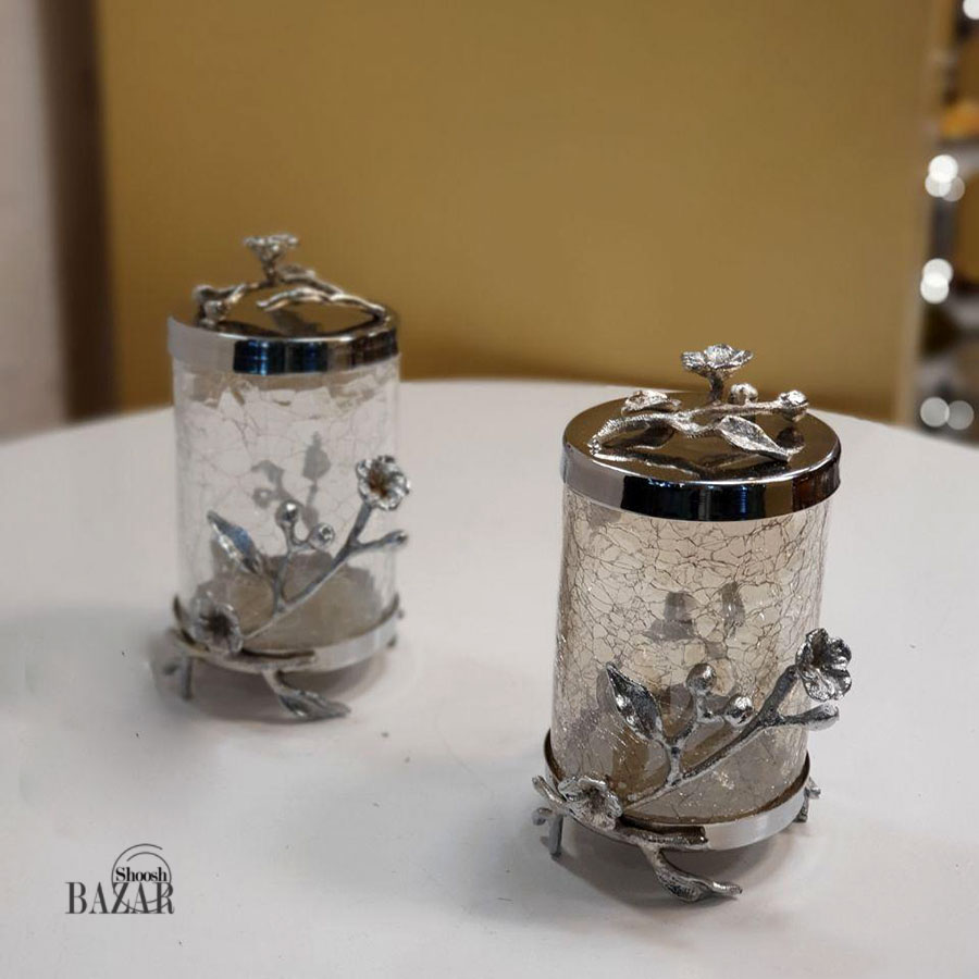 بانکه دکوری شیشه ای ترک خورده طرح گل برنجی نقره ای