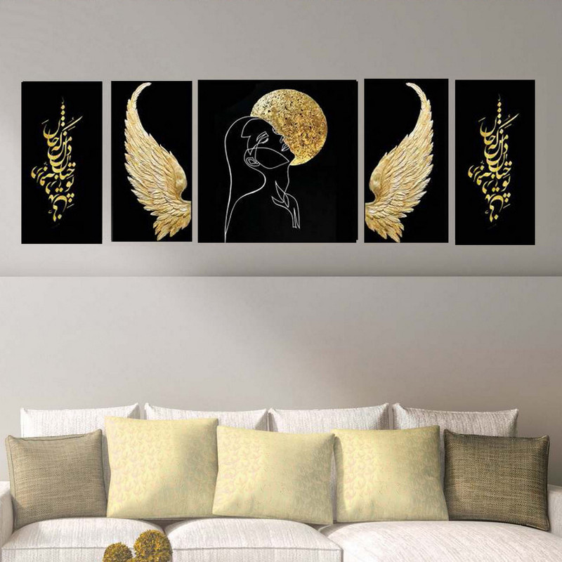 تابلو شاسی بکلیت طرح بال فرشته و شعر پارسی مدل SH-1927 مجموعه 5 عددی | دنیای قاب