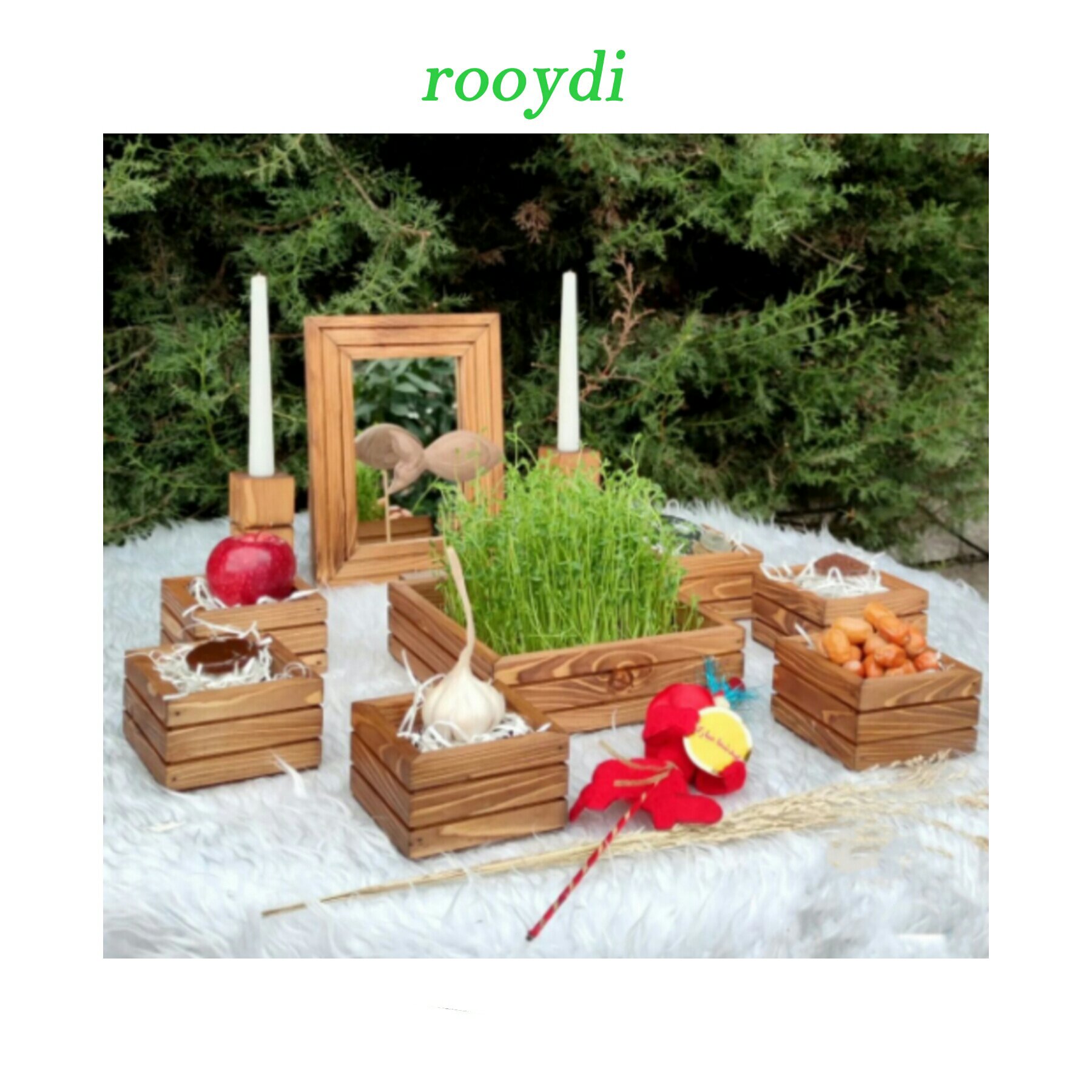 باکس هفت سین چوبی رنگ قهوه ای چوب روس با یه طرح متفاوت و خاص