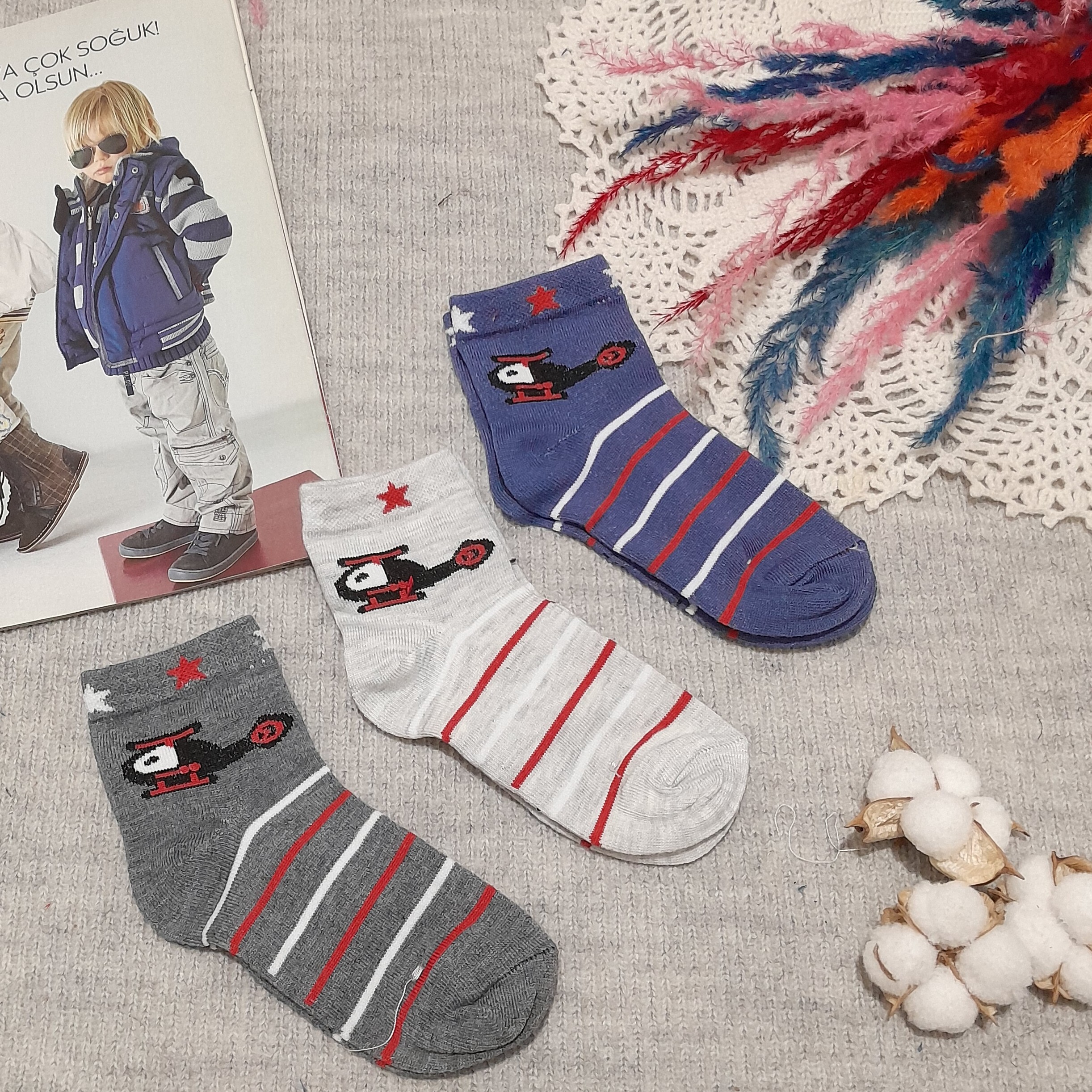 جوراب پسرانه نیمساق شماره3 نخی اعلا هلی کوپترمناسب5و6 ساله کفه جوراب13سانت