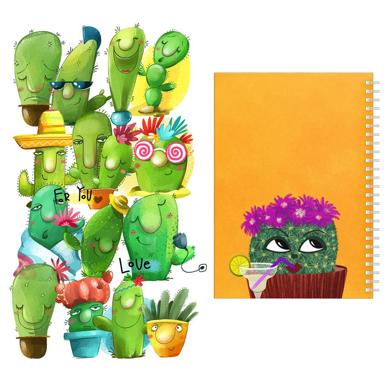 دفتر نقاشی باژیکان طرح کاکتوس کد 20100751 به همراه استیکر لپ تاپ مجموعه 14 عددی