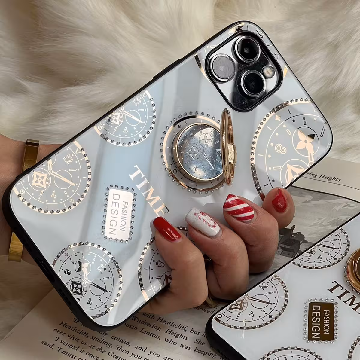 قاب گوشی سامسونگ و آیفون ساعت آینه و نگین دار، رنگ سفید