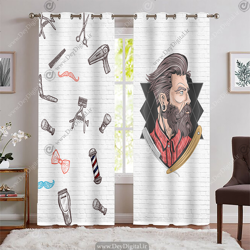 پرده پانچی طرح آیتم های آرایشگاه مردانه با زمینه روشن BA-2646-s