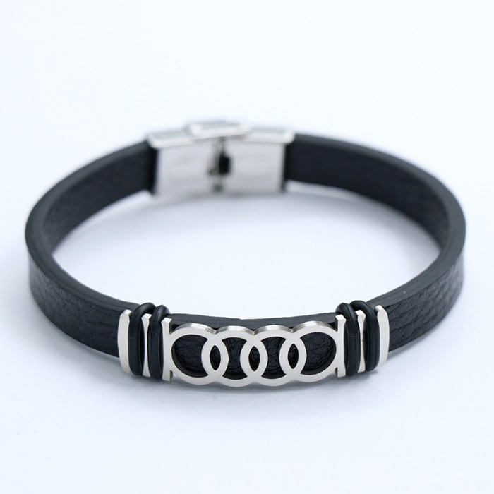 دستبند چرم و استیل طرح دایره نقره ای 71520