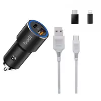 شارژر فندکی بودی مدل Bd-12 به همراه کابل تبدیل USB-C /microUSB / لایتنینگ