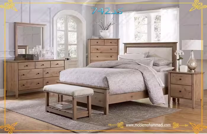 سرویس خواب چوب و ام دی اف کد 742شامل تخت-قاب آینه-پاتختی-میزآرایش