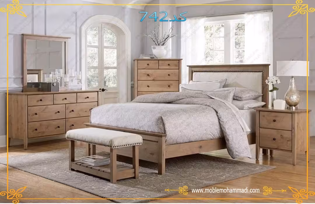 سرویس خواب چوب و ام دی اف کد 742شامل تخت-قاب آینه-پاتختی-میزآرایش