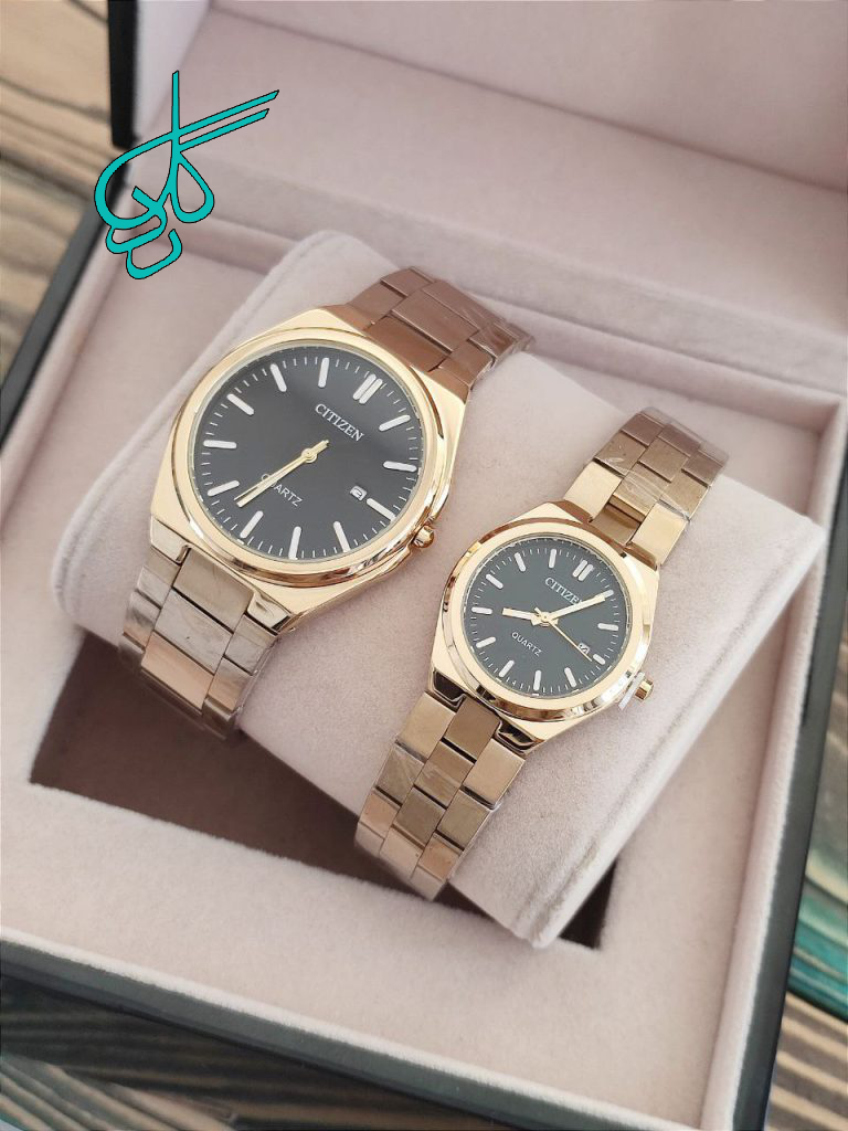 خرید ست ساعت مردانه و زنانه سیتیزن موتور ژاپن تقویم دار رنگ ثابت دو قفله مخفی دارای رنگ بندی کد 2115722 - ردگل