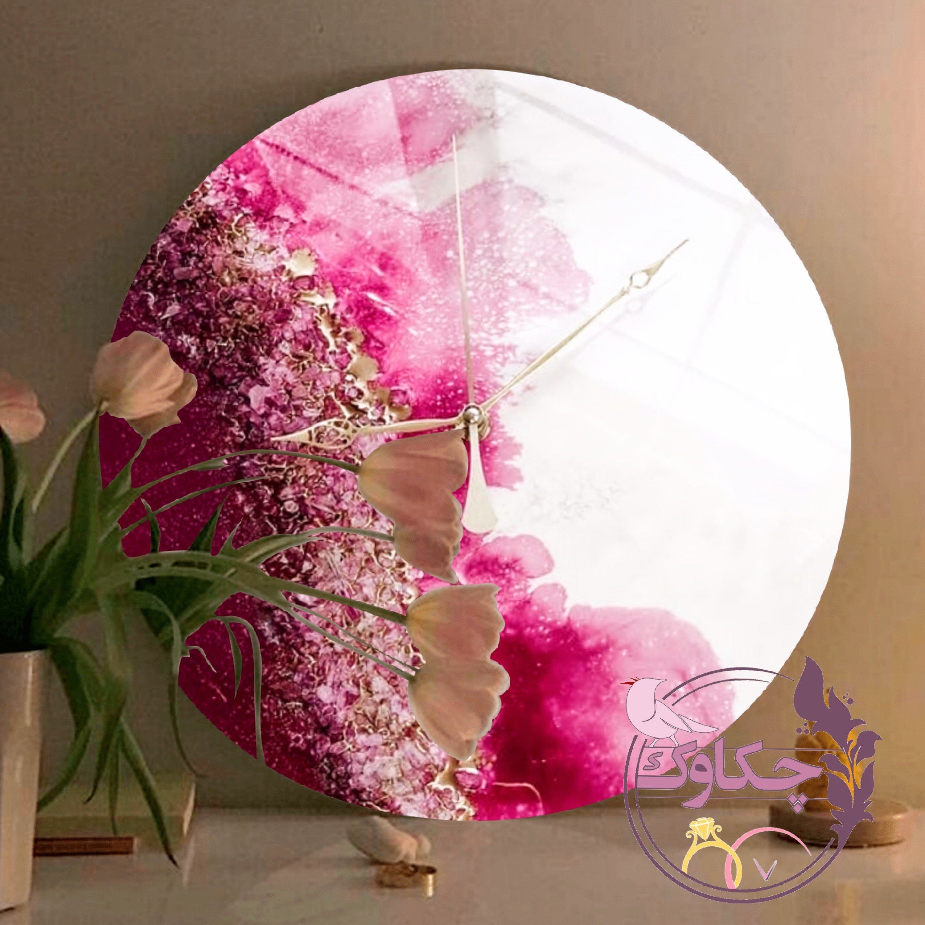 ساعت دیواری چوب و رزین طرح ژئود و ابرنگی با بیس 30 سانتی