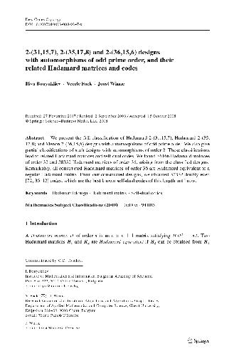 خرید و دانلود نسخه کامل کتاب 2-(31,15,7), 2-(35,17,8) and 2-(36,15,6) designs with automorphisms of odd prime order, and their related Hadamard matrices and codes