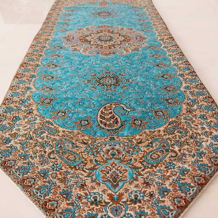 رانر رومیزی ترمه طرح نسترن جدید رنگ آبی فیروزه ای با کیفیت عالی 